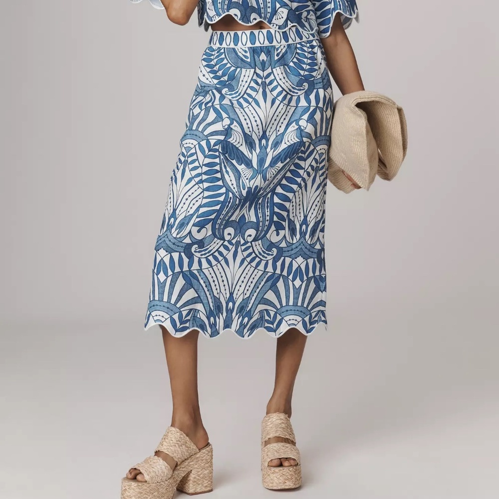 Farm Rio X Anthropologie Linen Lace Nature Slim Midi Skirt Size Small